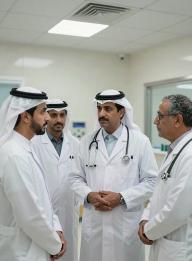A group of Western medical doctors collaborating with Middle Eastern administrators in a high-tech Global / Western & GCC Business hospital.