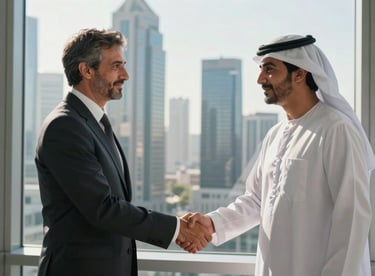 A sophisticated handshake between a Western executive and an Arab investor, backlit by a glass window overlooking a Global / Western & GCC Business skyline.