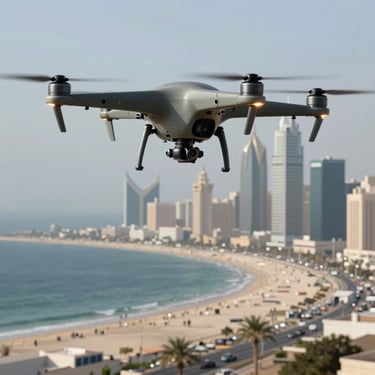 The UNE military defense system, a sleek modern technology protecting a coastal Global / Western & GCC Business city from drones.
