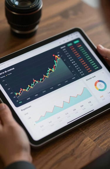 A close-up of a digital dashboard showing investment growth and project management data on a sleek tablet in a Global / Western & GCC Business environment.