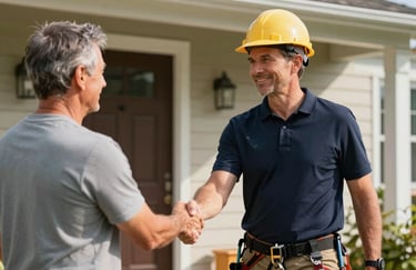 A roofer in a clean deep navy polo shirt shaking hands with a homeowner on a sunny doorstep, representing trust and results.