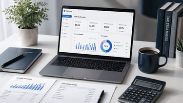 freelancer reviewing 1099 taxes on laptop dashboard