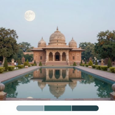 A peaceful garden reflecting Vedic architecture with a small pool of water under a #F0F5F7 moon.