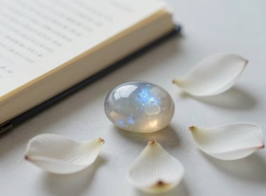A journal and a moonstone crystal sitting on a bed of white lotus petals, clean and airy composition.