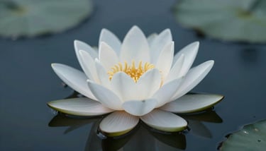 A close-up of a meditation bowl with dried jasmine flowers on a minimalist wooden surface, lit by soft moonlight.