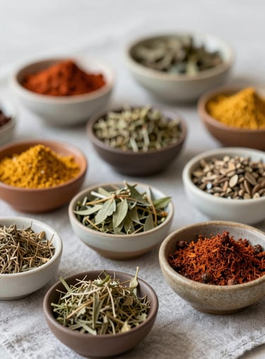 A beautifully arranged set of organic Vedic herbs and spices in ceramic bowls on a light grey linen cloth.