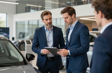 A professional automotive consultant in a modern showroom helping a customer. A professional Central European / Polish setting with clean glass walls, dressed in Deep Sea Blue business attire.