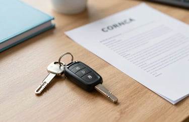 Elegant car keys lying on a clean wooden desk next to a professional contract. Bright, natural lighting in a Central European / Polish office, with Soft Sky Blue stationery nearby.