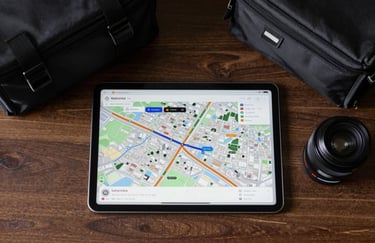 A top-down view of an organized desk with a digital tablet showing a logistics route map across a Brazilian city, alongside a professional courier pouch.