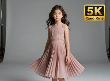 An 8-year-old girl wearing a sophisticated misty rose pleated dress, standing gracefully in a clean, modern studio setting.