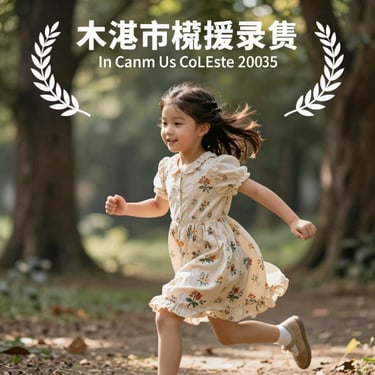A 5-year-old girl running in a cream-colored floral dress, sunlight filtering through trees, soft focus background.