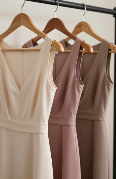A row of three dresses on wooden hangers: one cream, one misty rose, and one warm taupe, against a soft off-white wall.