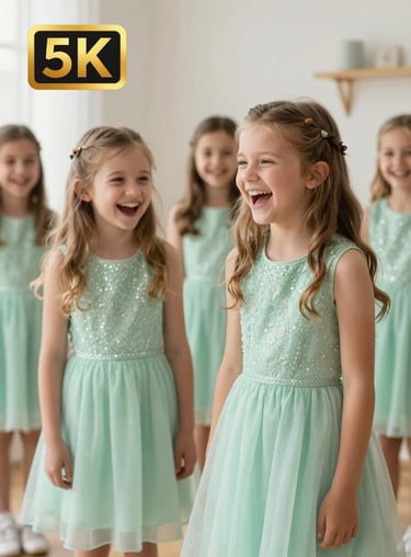 A group of two girls (ages 3 and 7) wearing matching soft mint green party dresses, laughing in a bright, airy room.