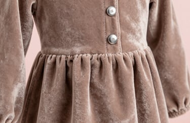 A close-up shot of a warm taupe velvet dress for a 6-year-old, showcasing premium stitching and silver buttons on a misty rose background.