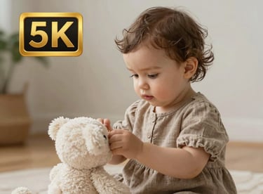 A toddler in a warm taupe linen dress playing with a soft off-white stuffed toy, warm and nurturing lighting.