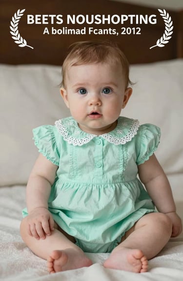 A 12-month-old baby girl in a soft mint green cotton dress with delicate lace collars, sitting on a soft off-white blanket.