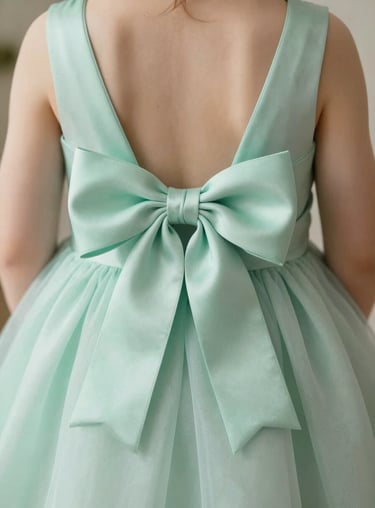 Detail shot of a soft mint green ribbon bow on the back of a luxury girl's dress, elegant and minimalist composition.