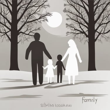 Ilustração de família caminhando entre árvores, simbolizando situação familiar de risco.