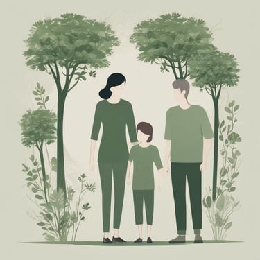 Ilustração de família caminhando em meio à natureza, representando filiação, guarda e alimentos.