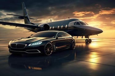 Luxury black sedan parked next to a private jet on a runway at sunset.