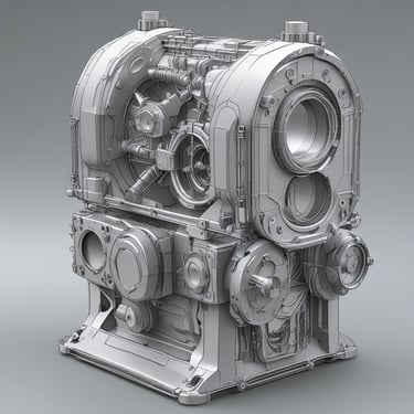 A 3D mechanical engine model with intricate sci-fi industrial design details in a grey clay render.