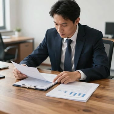 A professional in a dark navy business suit reviewing financial documents on a large wooden table in a brightly lit office.