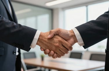 A close-up of a professional handshake between two executives in a bright, modern Brazilian office, symbolizing trust and reliability, warm natural lighting.
