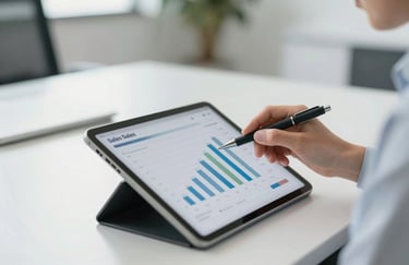 A professional analyzing sales growth data on a digital tablet in a clean, minimalist office setting, professional atmosphere, daylight.