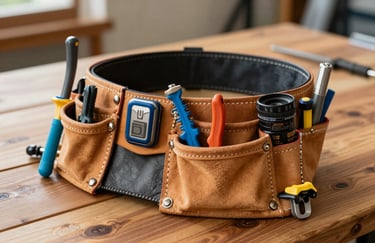 A leather electrician's tool belt with various high-quality tools, resting on a wooden table, warm natural light, professional aesthetic, including sky blue and muted slate blue accents, North American / US construction context.