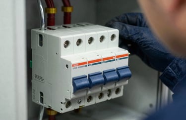 A close-up of a modern circuit breaker being inspected by a professional in a North American / US utility room, clean and technical composition, featuring pale mist white and dark slate navy colors.