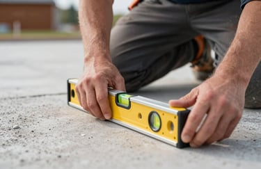 Close-up photography of a professional builder's hands in a Northern European / Finnish setting using a spirit level on a fresh foundation, ensuring perfect alignment. Bright, natural lighting.