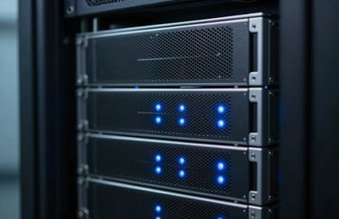 Close-up of high-speed server hardware in a North American data center, illuminated by soft blue status lights, representing security and high performance.