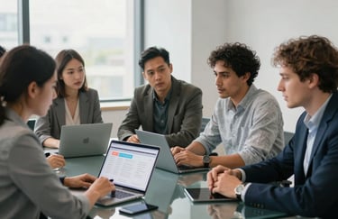 A collaborative meeting in a modern US office. A diverse team is discussing app strategy around a glass table with digital devices, looking focused and professional.