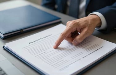A Global / Corporate business consultant pointing at regulatory compliance documents on a table. Professional and trustworthy mood with dark navy blue folders.