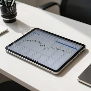 Close-up of a high-end tablet showing professional financial data, resting on a clean white desk in a sunlit Italian office.