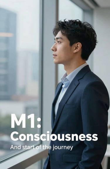A person in a professional setting looking thoughtfully out a window, representing M1: Consciousness and the start of the journey, with #A7C2BF accents.