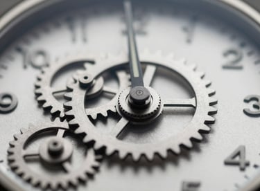 A time-lapse inspired photo of clock gears or a modern minimalist watch, representing M7: Gradual Power and time management.