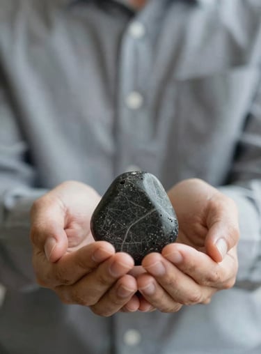 Close-up of calm hands holding a dark stone, representing M4: Emotional Intelligence and mindfulness in a professional context.