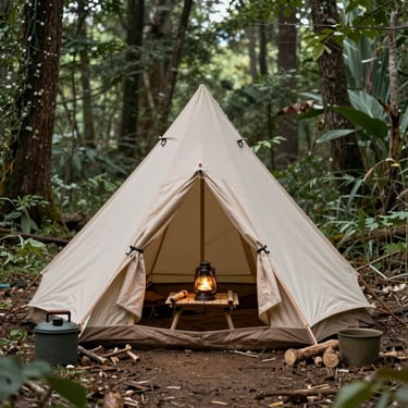 A glowing campfire surrounded by camping chairs with a tent pitched nearby at dusk.