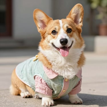perro pequeño con la lengua de fuera vistiendo un vestido en rosa con azul