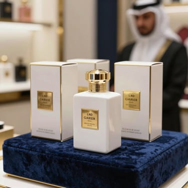 A close-up of luxury white and gold packaged perfumes displayed on a dark blue velvet podium in an upscale Middle Eastern / Gulf retail environment.