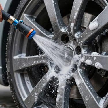 Macro shot of a high-pressure water nozzle rinsing soap off a multi-spoke alloy wheel, water spraying, electric blue accents, professional cleaning studio lighting.