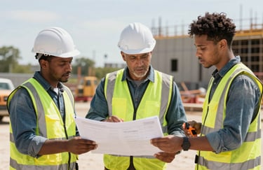 Candid photograph of a seasoned professional and a younger worker, a family team in work gear, discussing a project on a North American / US construction site.