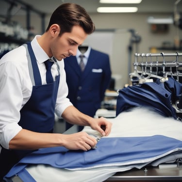 Woman working in a dry cleaning establishment with garments.