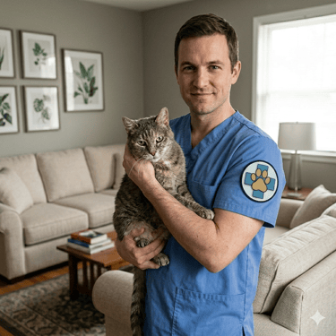 A male aide in blue scrubs holding a tabby cat in a living room during a mobile pet visit.