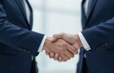 A close-up of two people in business attire shaking hands firmly, soft focus on the background, corporate trust theme using #0A2C42 and #DFE6EB palette.