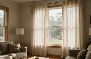 A serene, sun-drenched North American living room with natural wood accents and soft beige curtains. The air looks clean and still, with dust motes dancing in a single beam of afternoon light.