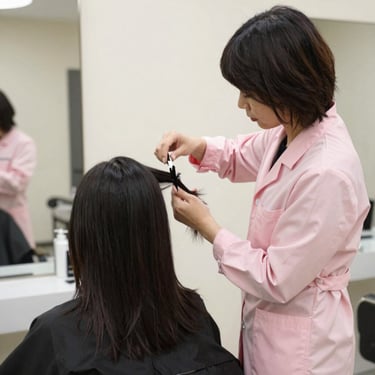 Cabeleireira profissional de jaleco slim rosa separando mechas de cabelos longos no salão de beleza.