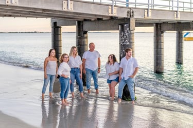 Extended family portrait under Coogee Beach jetty at sunset, Perth family photographer Fisher Photography