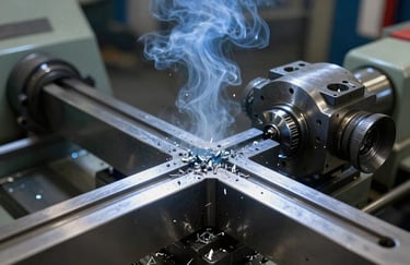 Detailed shot of a metal lathe operation with metal shavings and a cool light steel blue industrial fluid mist.